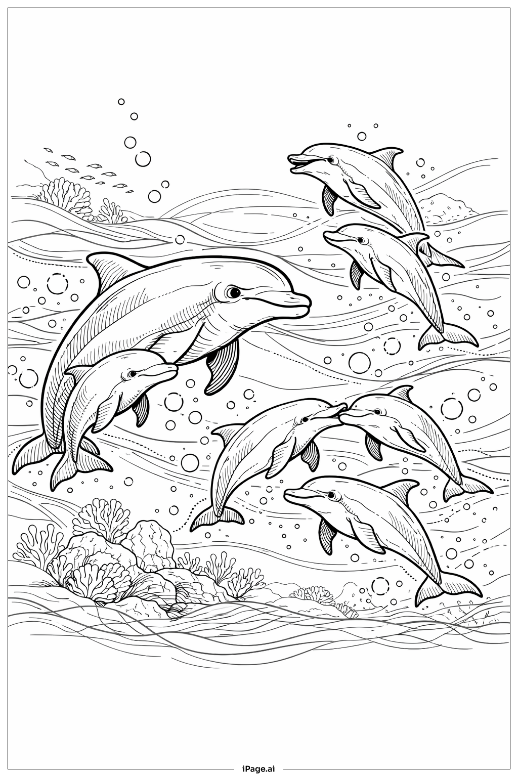  Página para colorear de Delfín y manada juguetona 