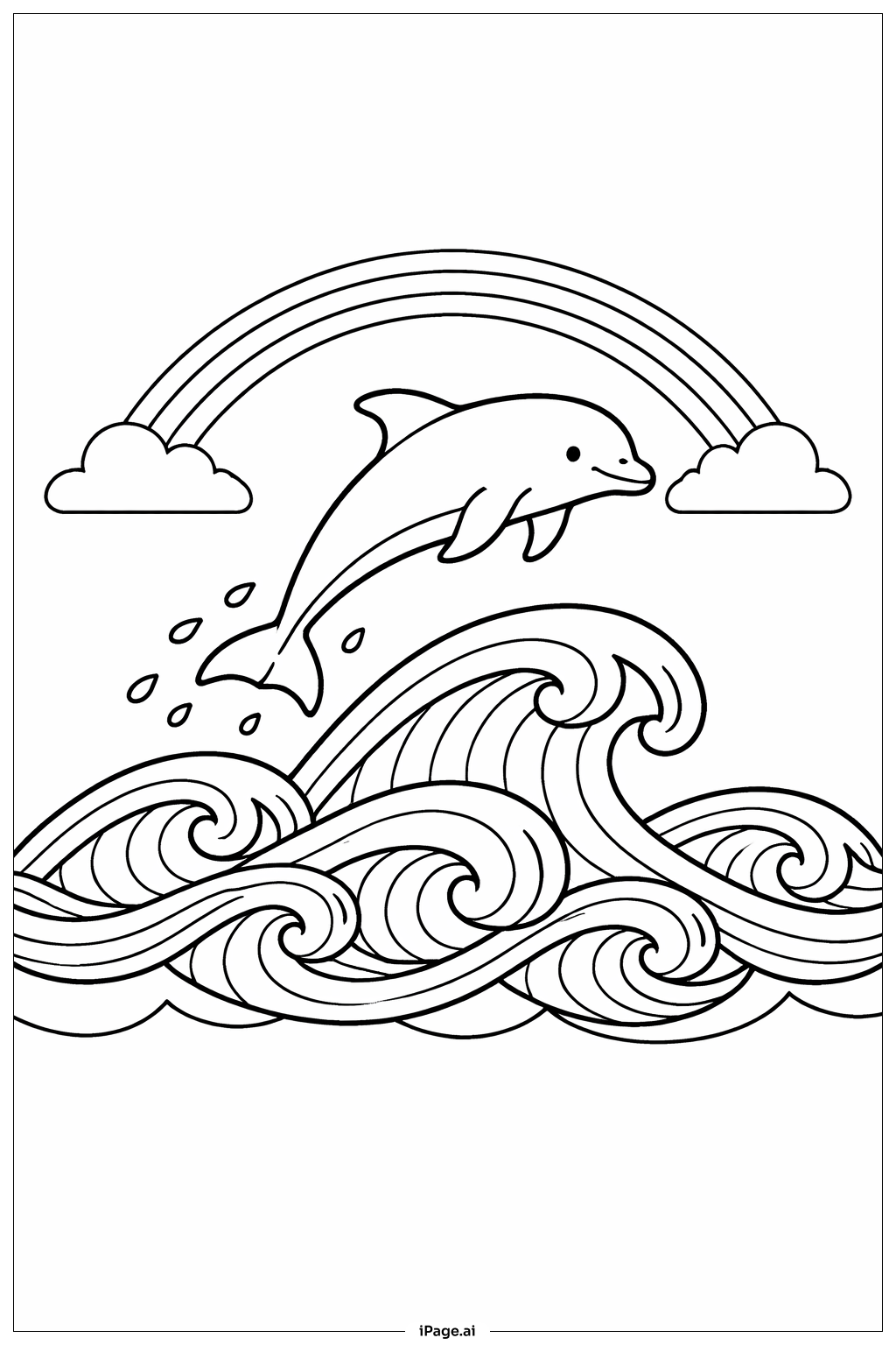  イルカと虹の波の塗り絵ページ 