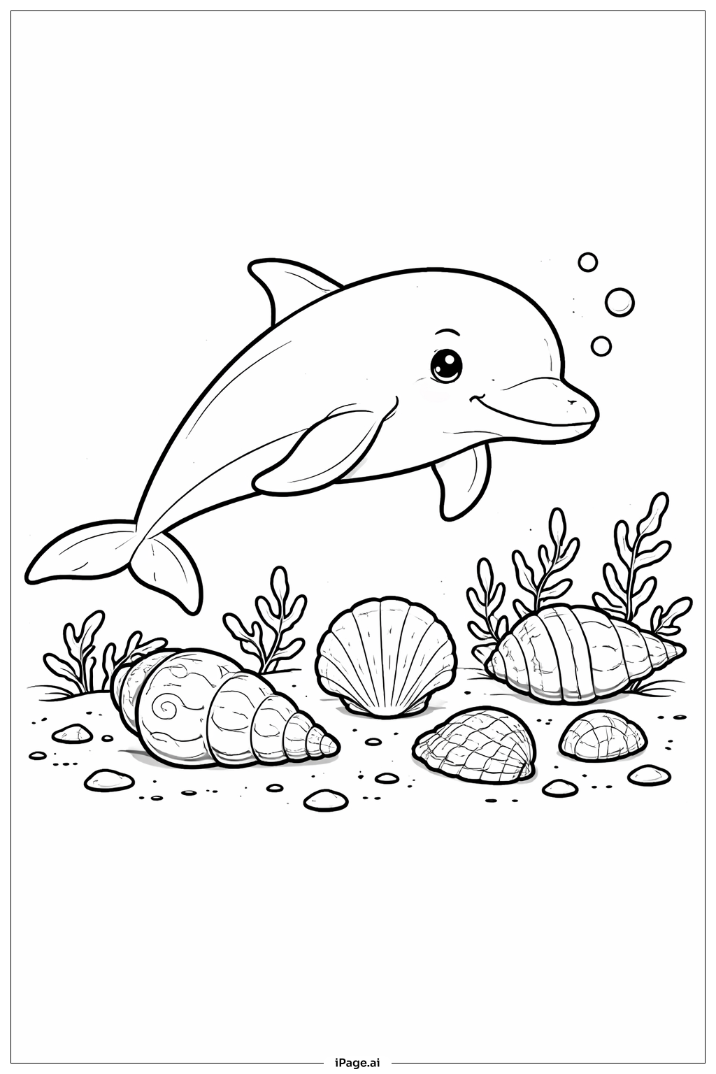  イルカと貝殻の塗り絵ページ 