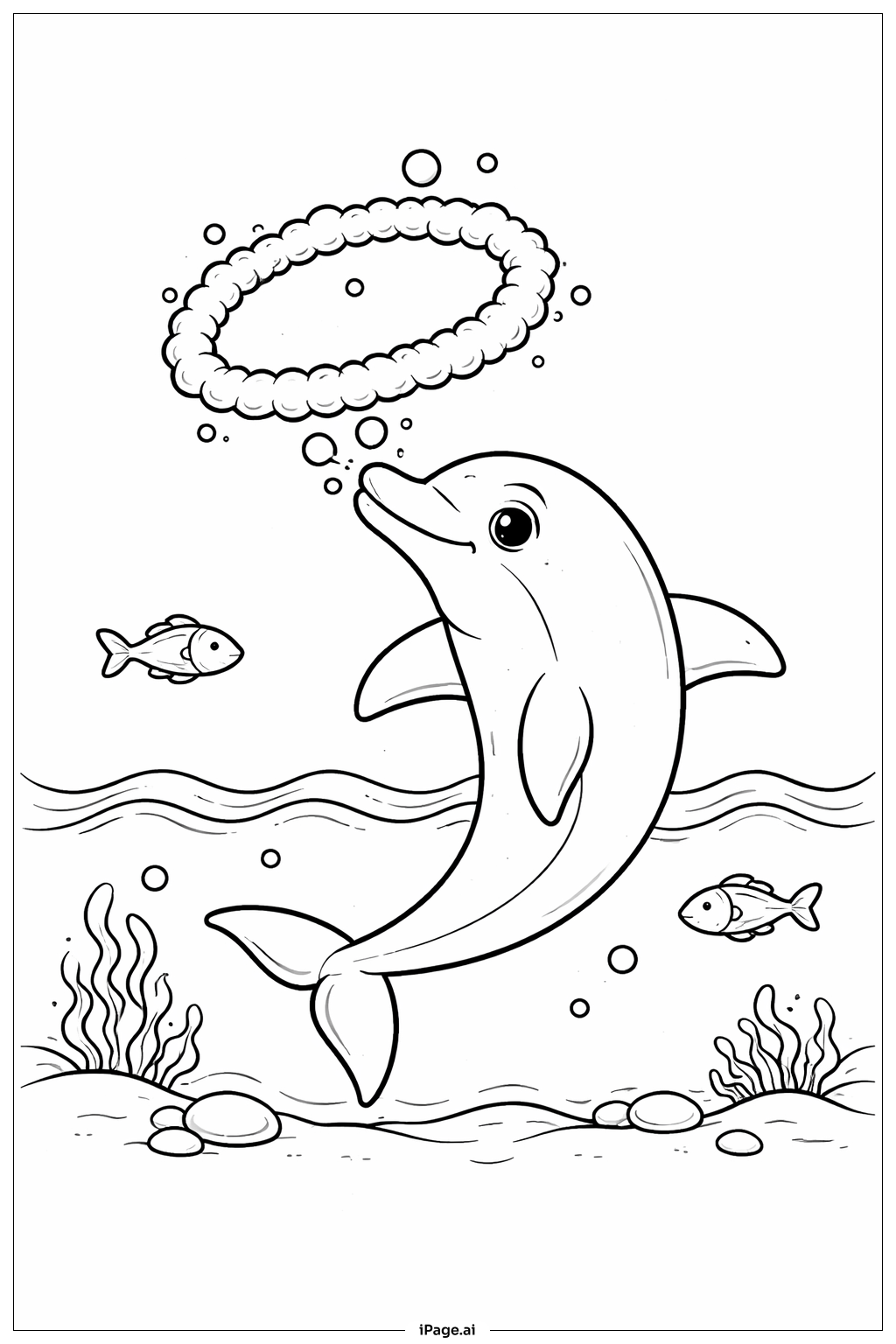  イルカが泡のリングを吹いているの塗り絵ページ 