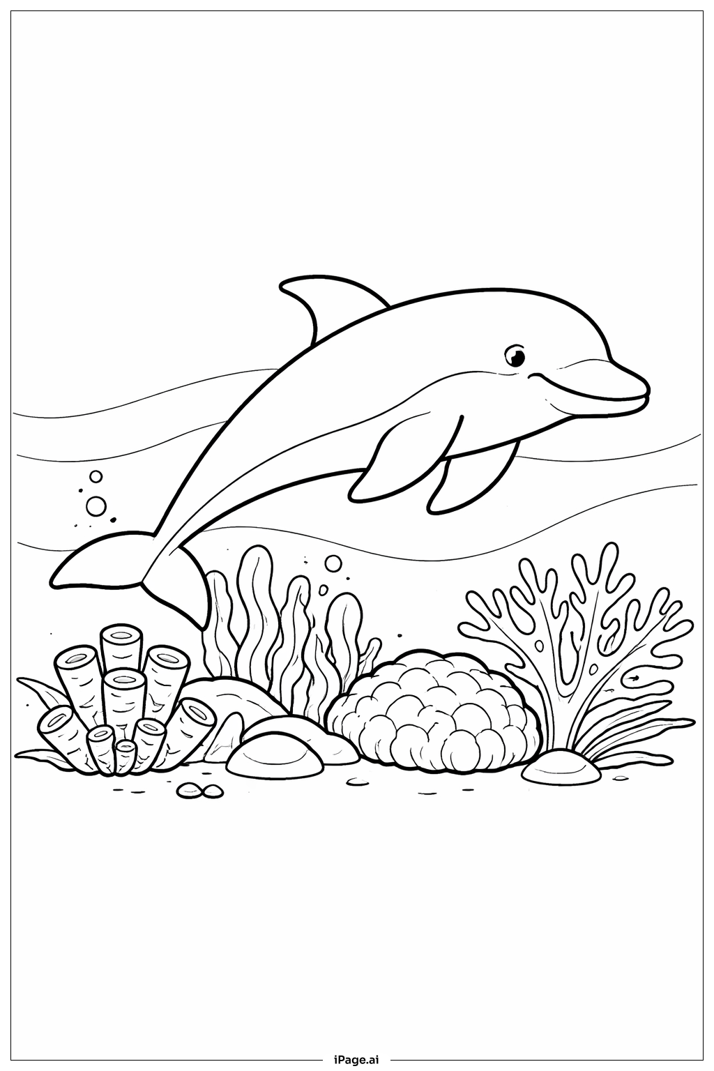  サンゴ礁を探検するイルカの塗り絵ページ 