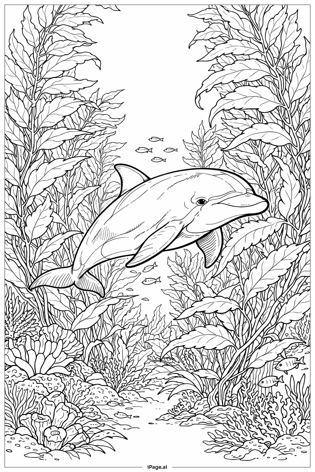  Página para colorear de Delfín en el bosque de algas 