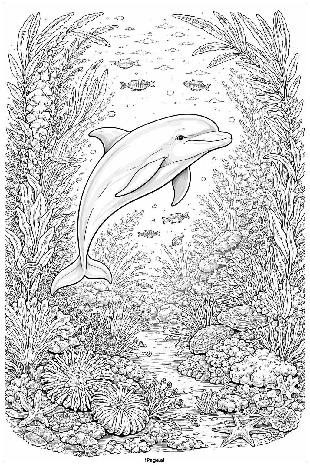 Página para colorear de Delfín en el jardín submarino