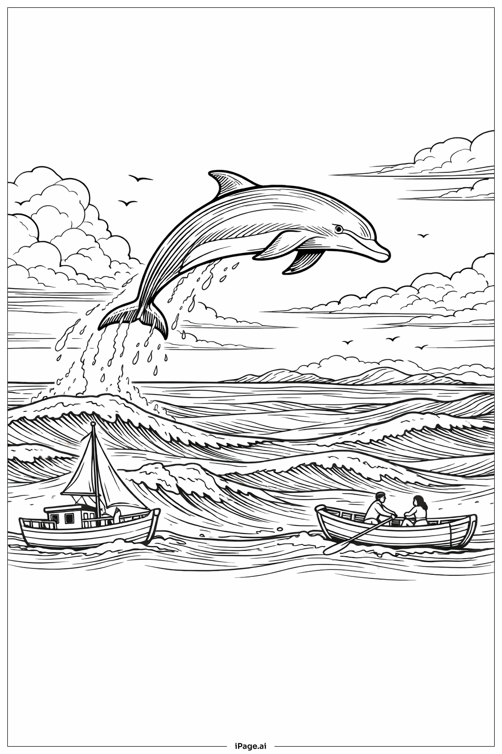  Página para colorear de Delfín saltando sobre barcos 