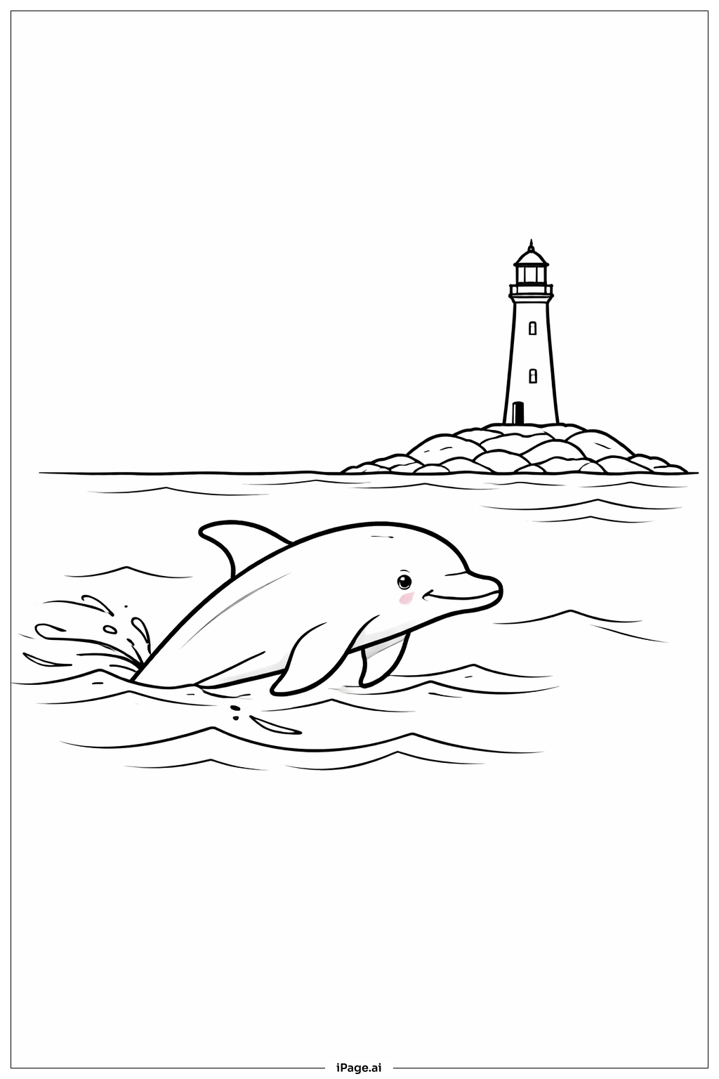  灯台近くのイルカの塗り絵ページ 