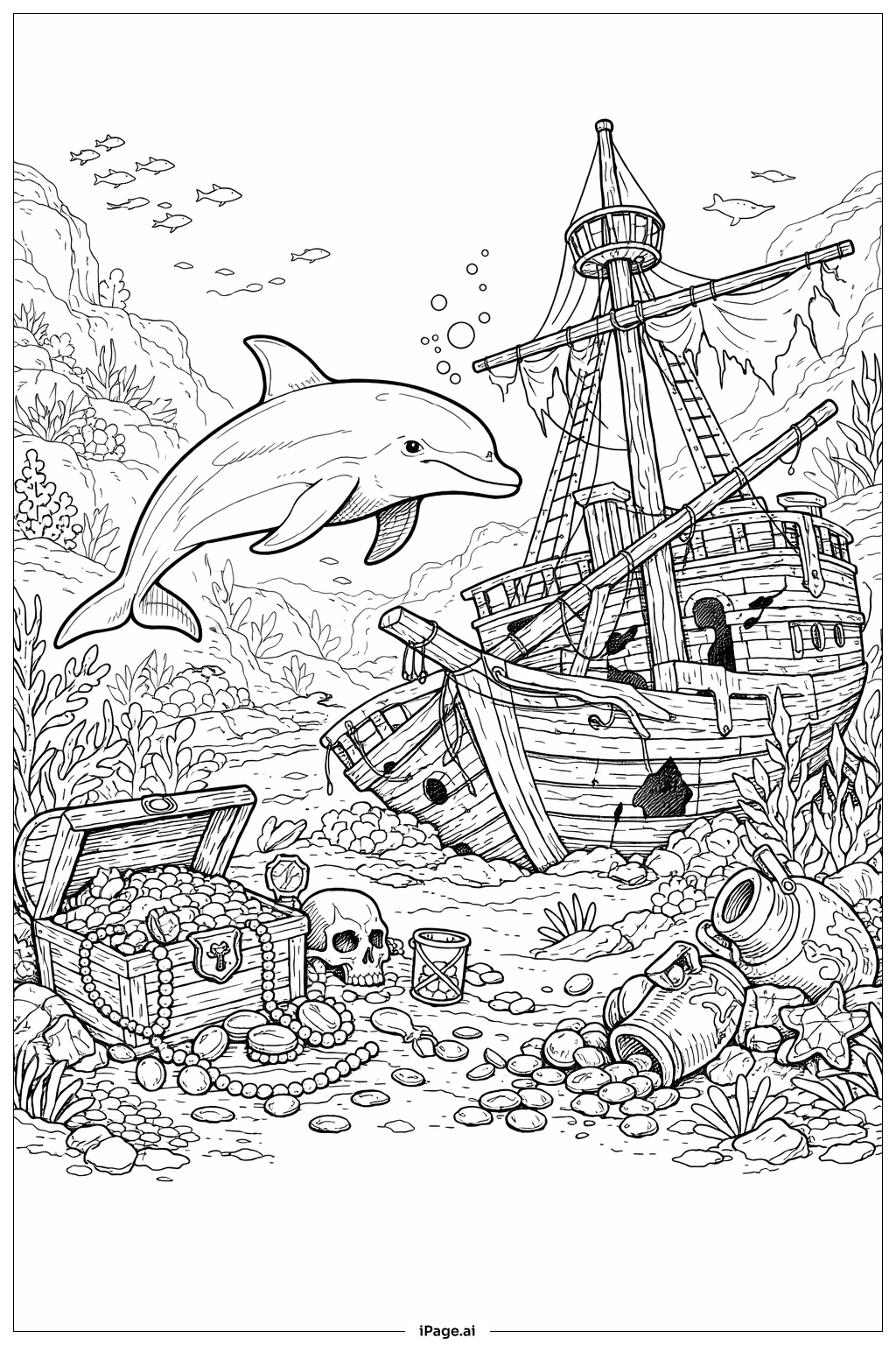  Dolphin Near Shipwreck Coloring Page 