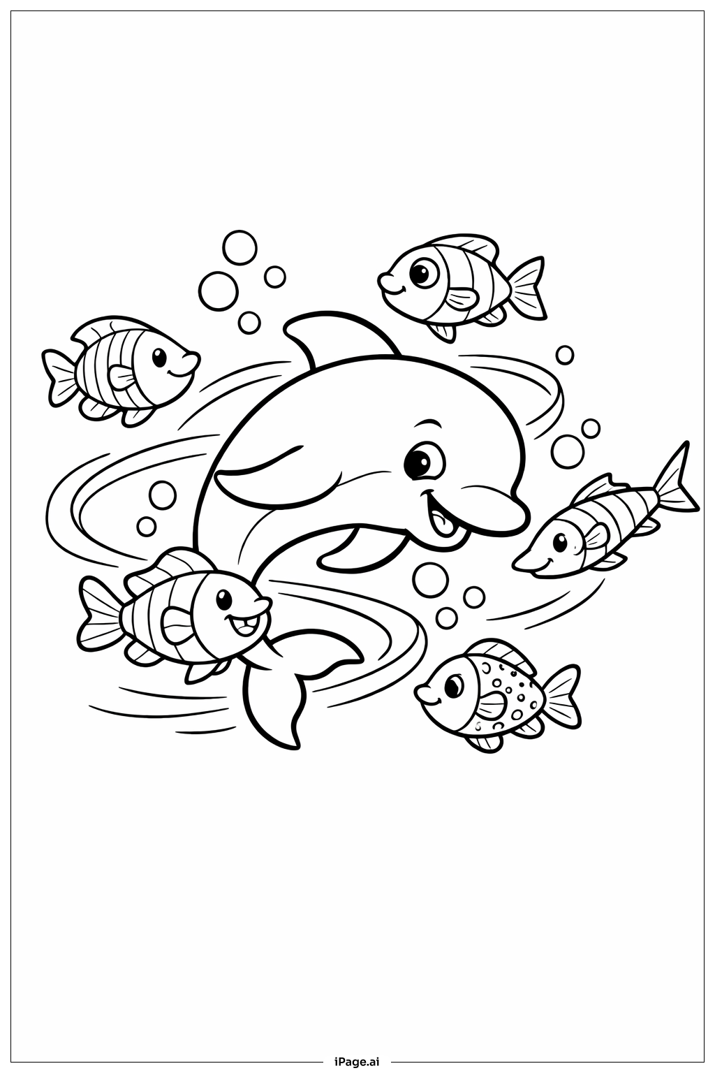  魚と遊ぶイルカの塗り絵ページ 