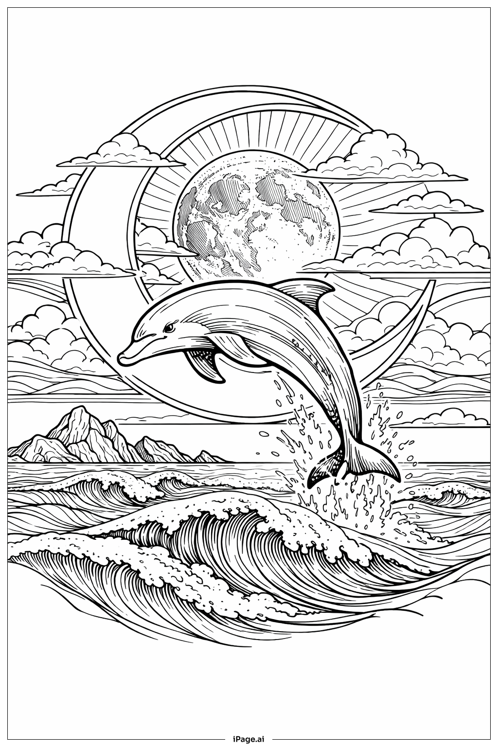  Página para colorear de Delfín con Mar Iluminado por la Luna 