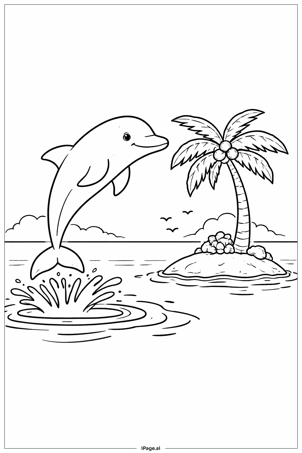  ヤシの島とイルカの塗り絵ページ 