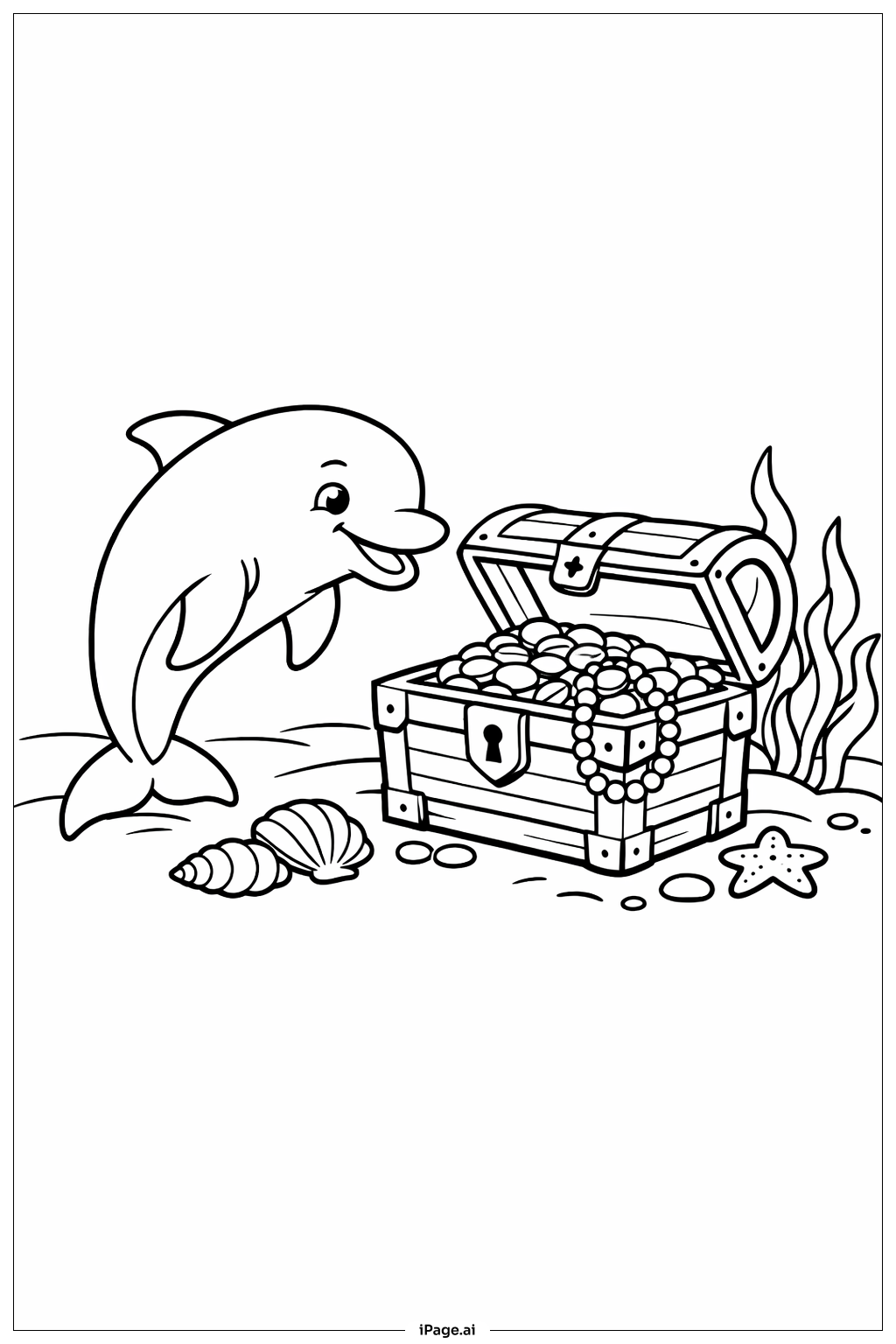  宝箱とイルカの塗り絵ページ 