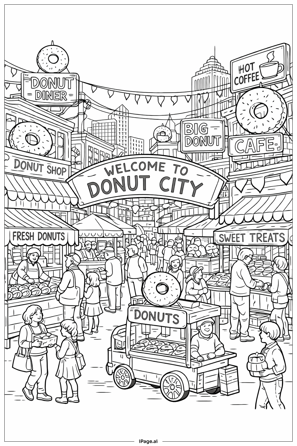  甜甜圈城市街市填色页 
