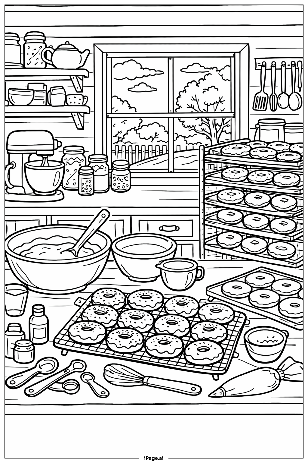  甜甜圈厨房烘焙场景填色页 