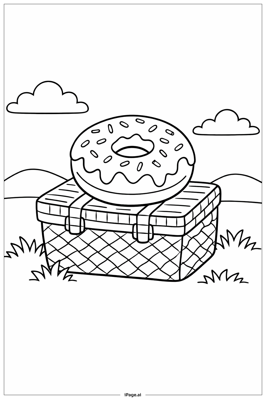  Página para colorear de Donut en la cesta de picnic 