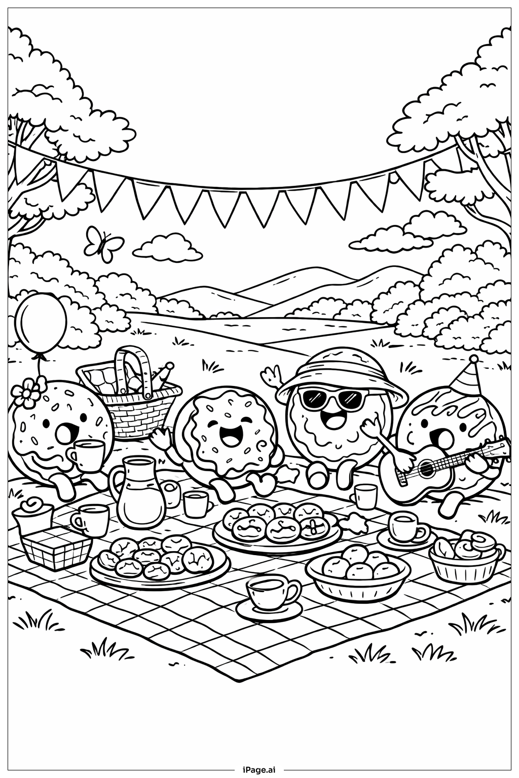Página para colorir de Cena de Piquenique com Donuts