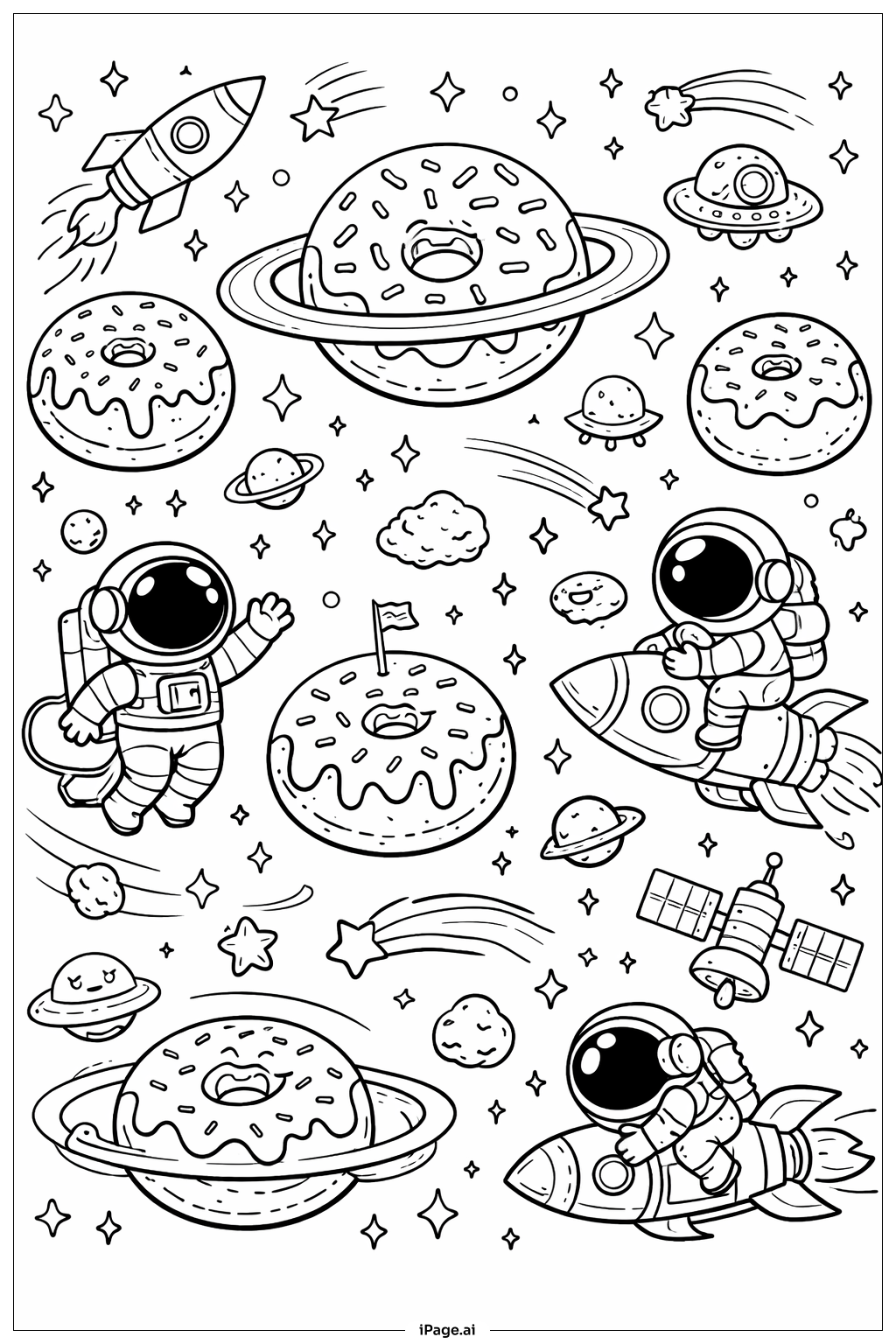 甜甜圈太空冒险场景填色页 