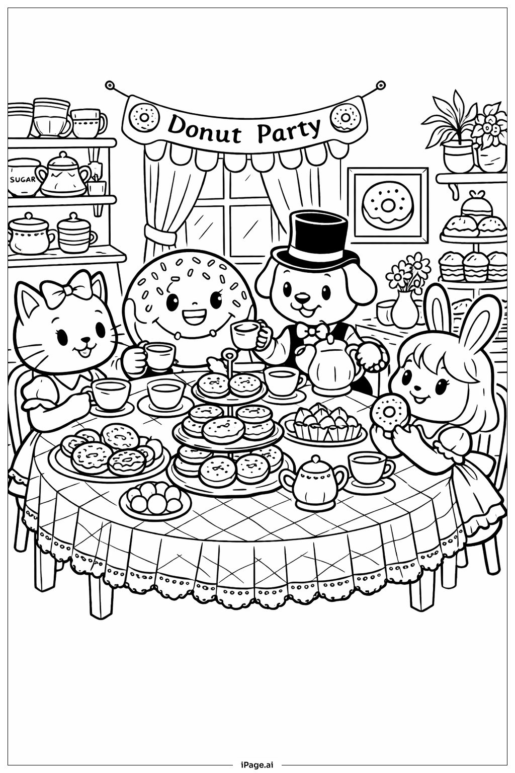  甜甜圈茶会与朋友们填色页 
