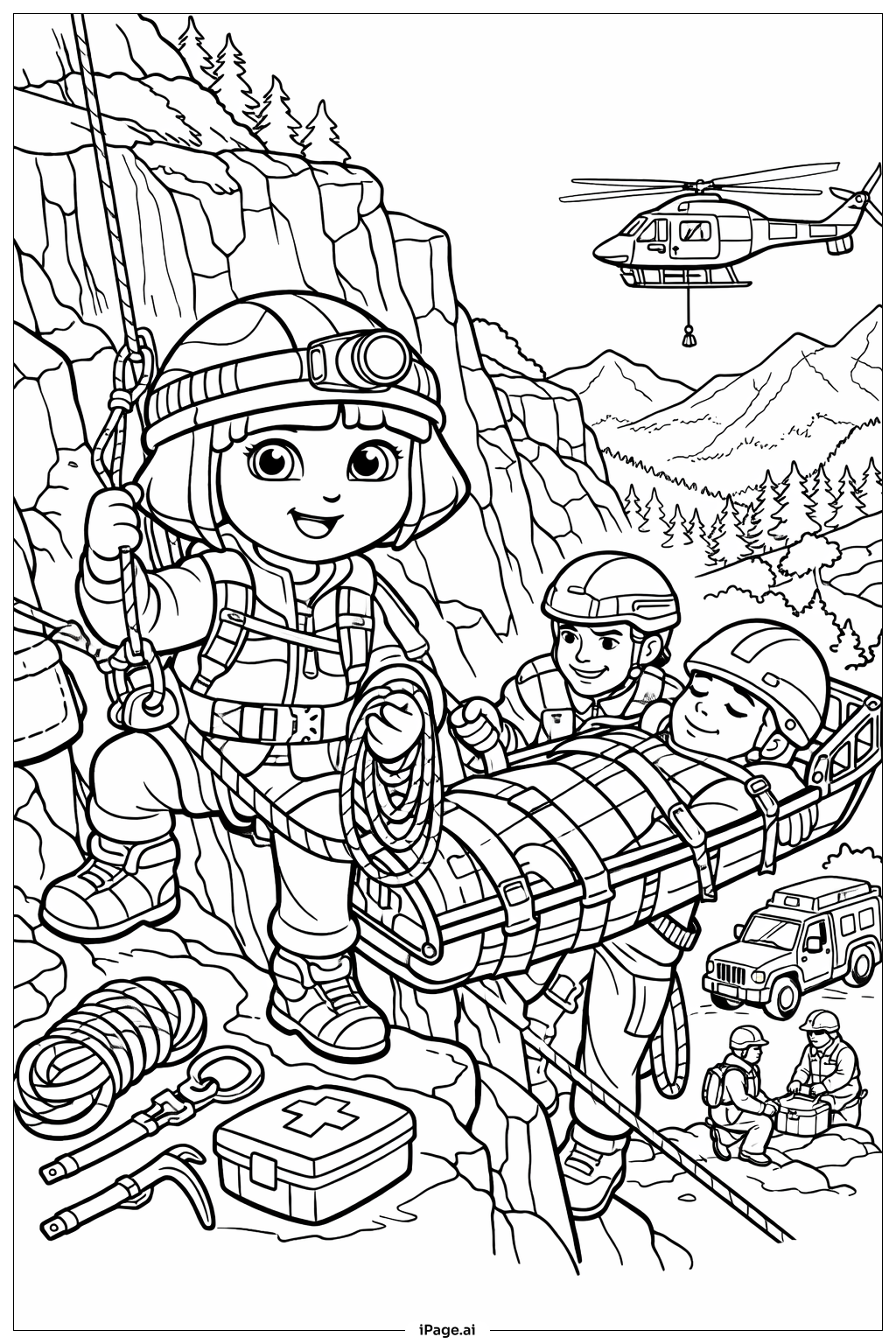  도라 산악 구조 색칠공부 페이지 