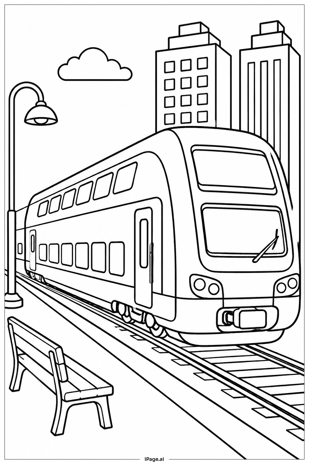Página para colorear de Tren de Dos Pisos en la Ciudad