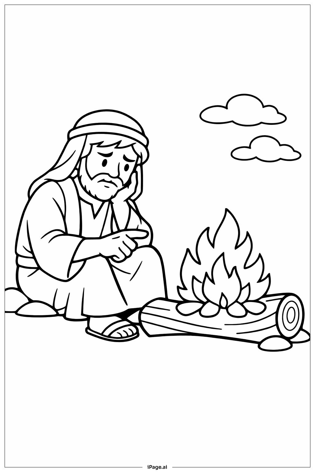 懷疑的多馬在營火旁著色頁 
