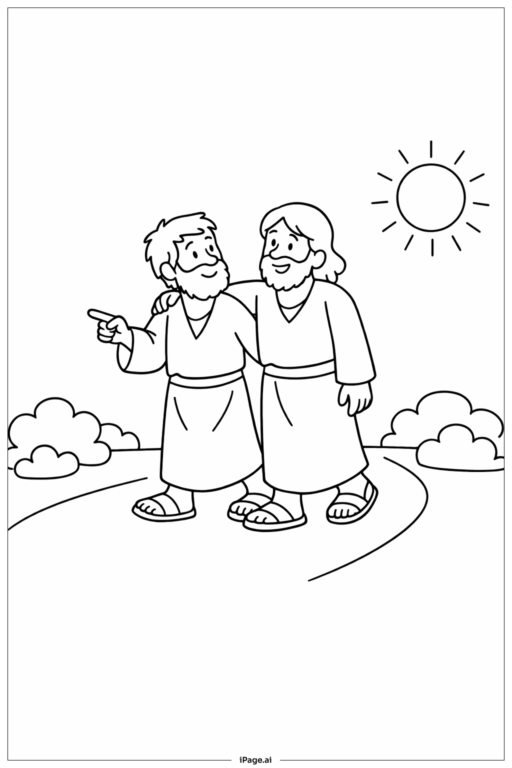 Página para colorear de Tomás el incrédulo caminando con Pedro