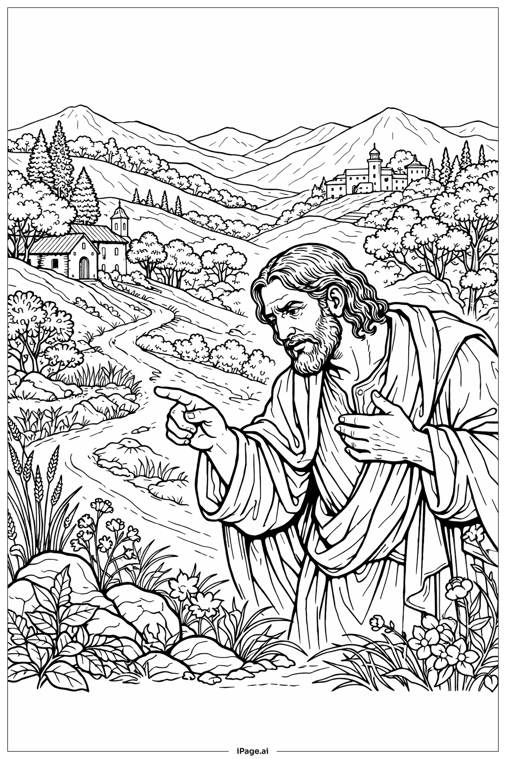  Página para colorir de Tomé Duvidoso com Paisagem em Camadas 