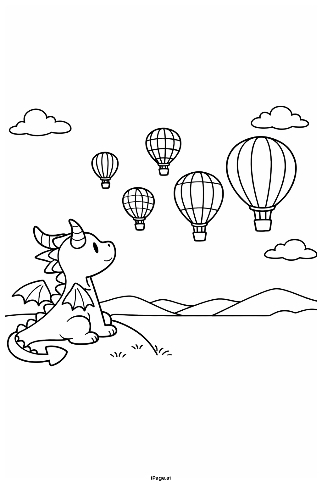  Página para colorir de Dragão e Balões de Ar Quente 