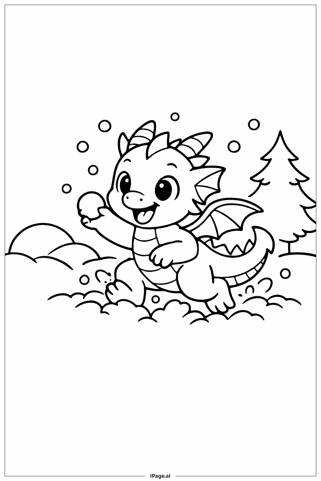  Página para colorir de Dragão na Cena de Neve 