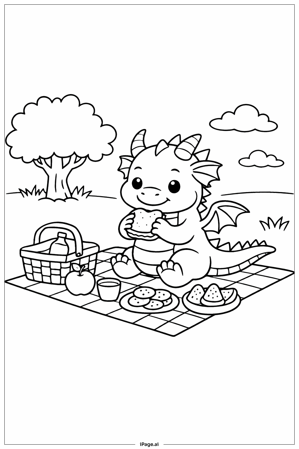  Página para colorir de Dragão no Piquenique 