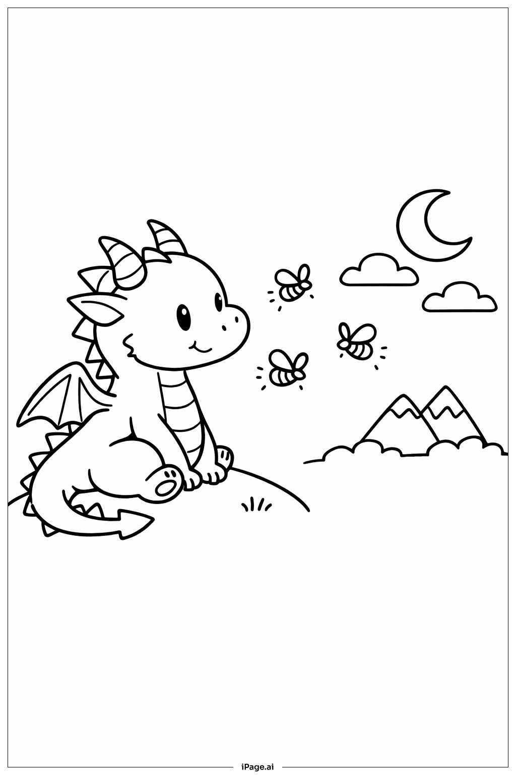  Página para colorir de Dragão Observando Vaga-lumes 