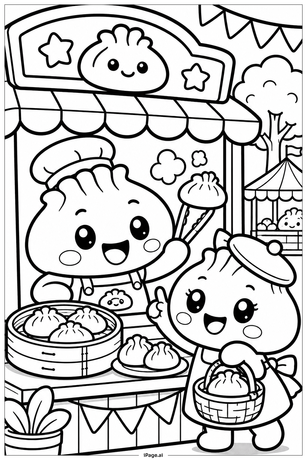餃子市集攤位場景著色頁