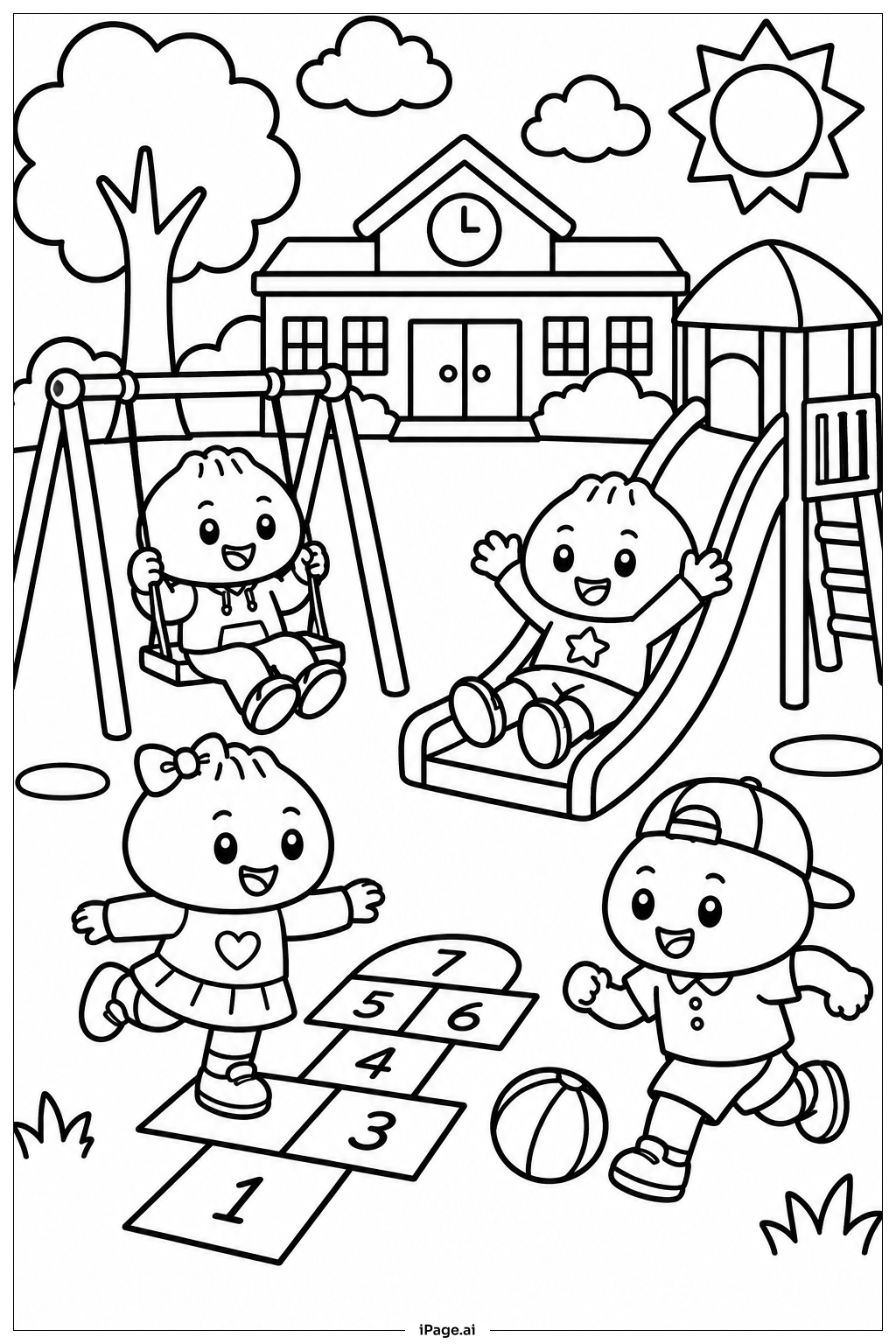 湯圓學校遊樂場著色頁