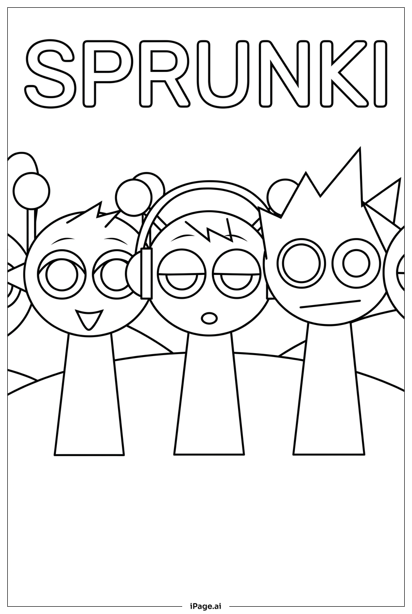 Página para colorir de Sprunki trio posando abaixo do grande logo