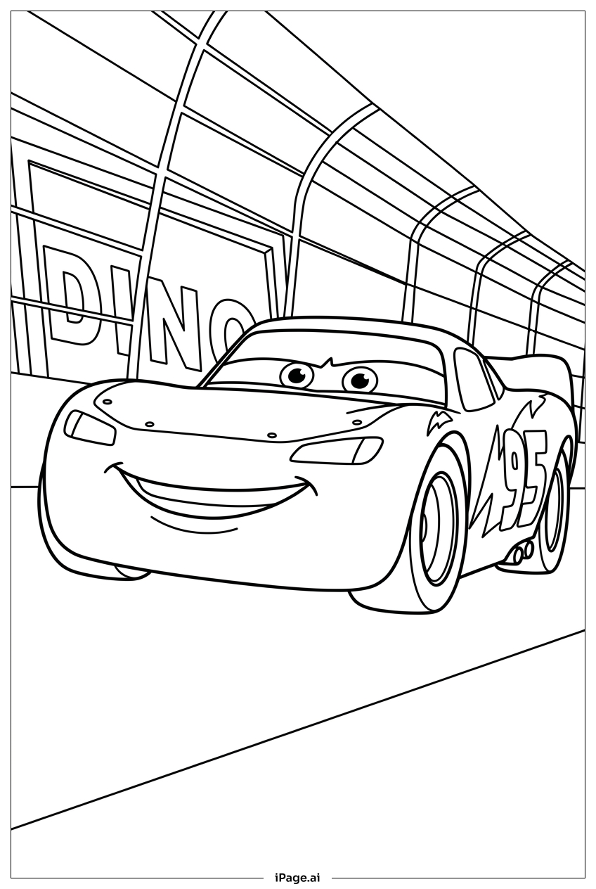 Lightning Mcqueen racing fast inside Dinoco speedway Coloring Page