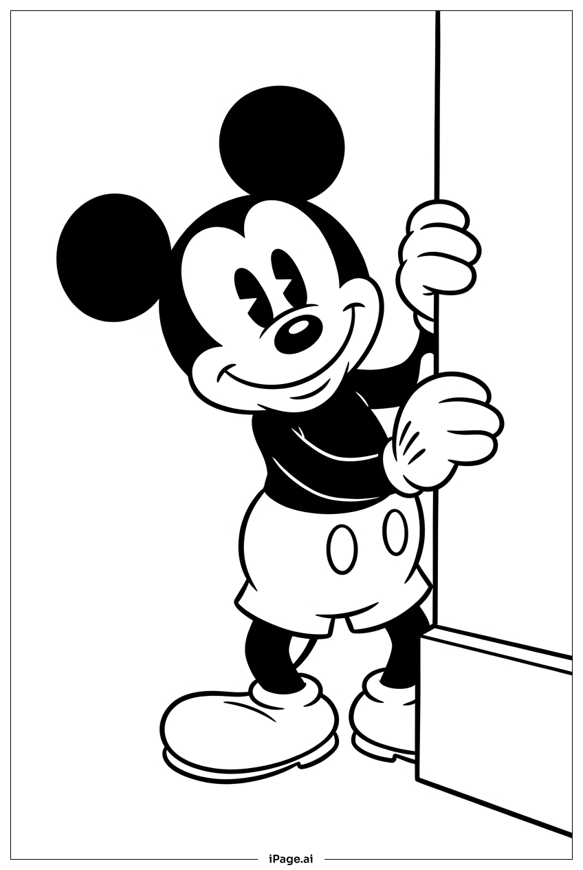 Micky Maus späht durch einen Türrahmen Ausmalseite