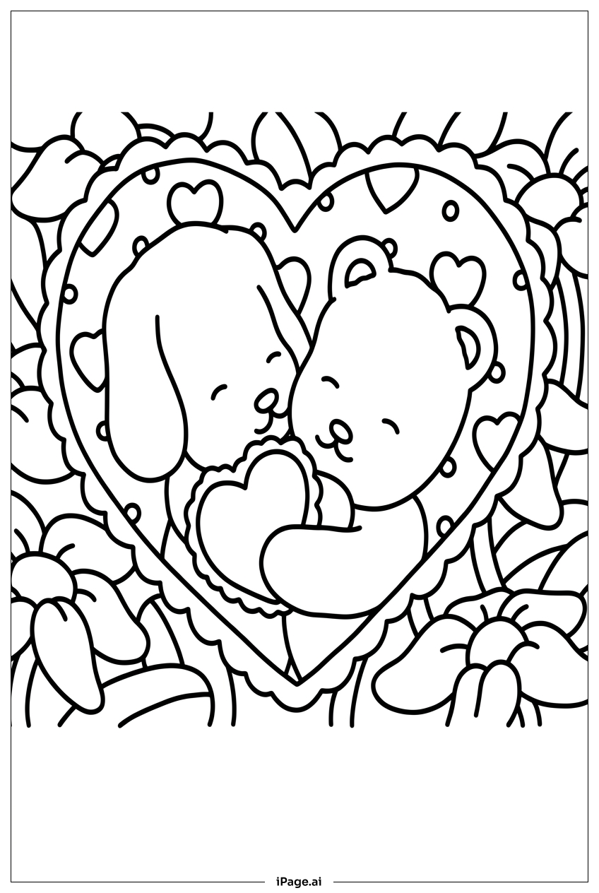 Página para colorear de Abrazo de Amantes de Bobbie Goods en Corazón Floral