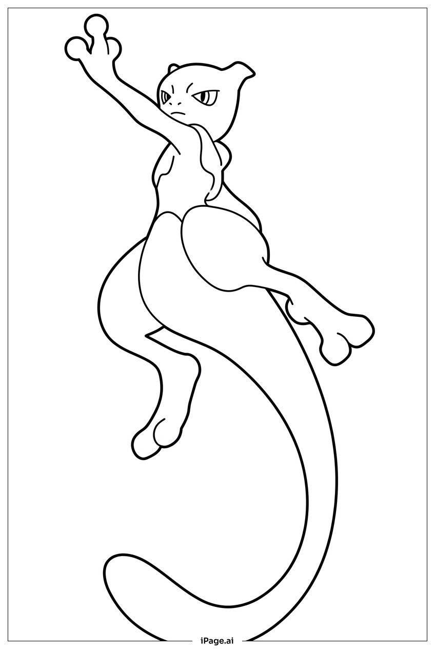 Página para colorear de Mewtwo se lanza hacia arriba canalizando poder psíquico