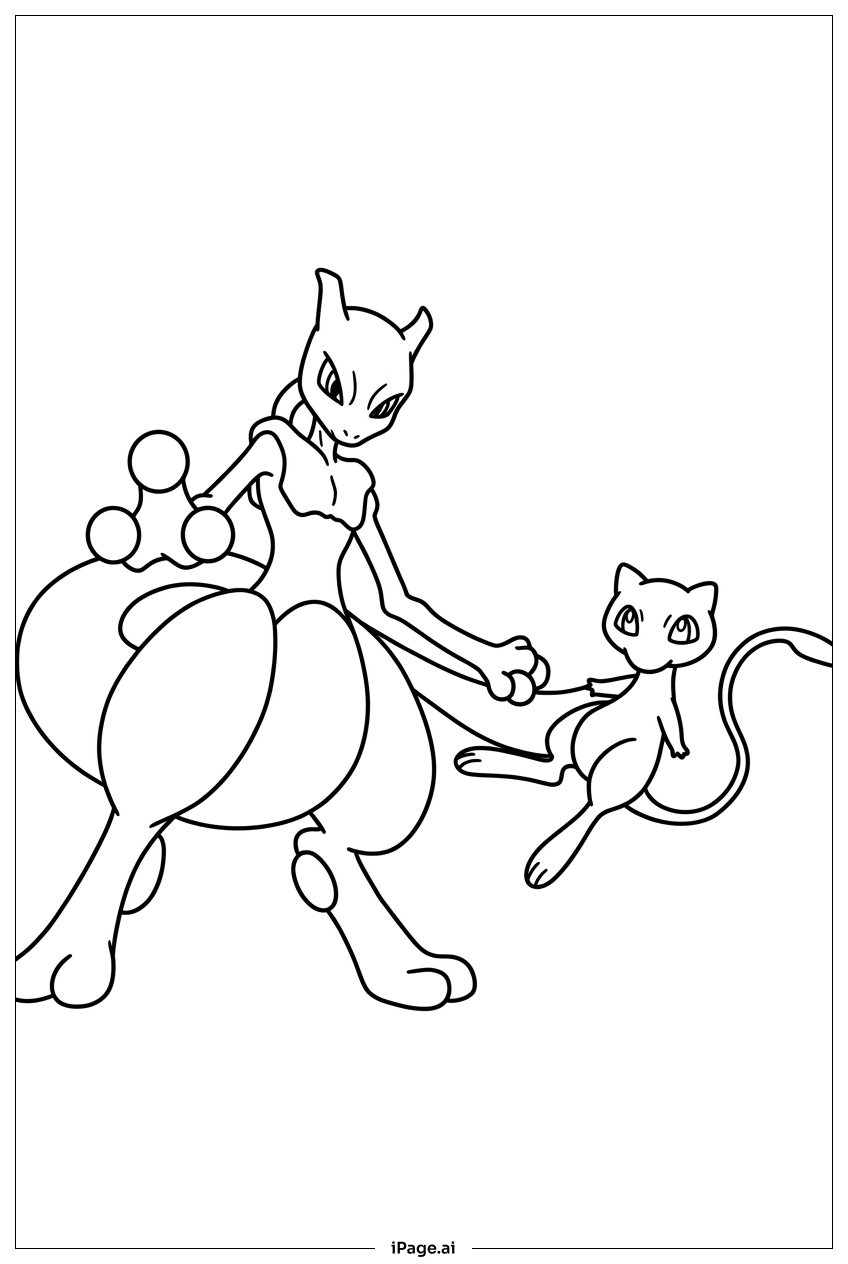 Página para colorear de Mewtwo y Mew en una tregua tentativa