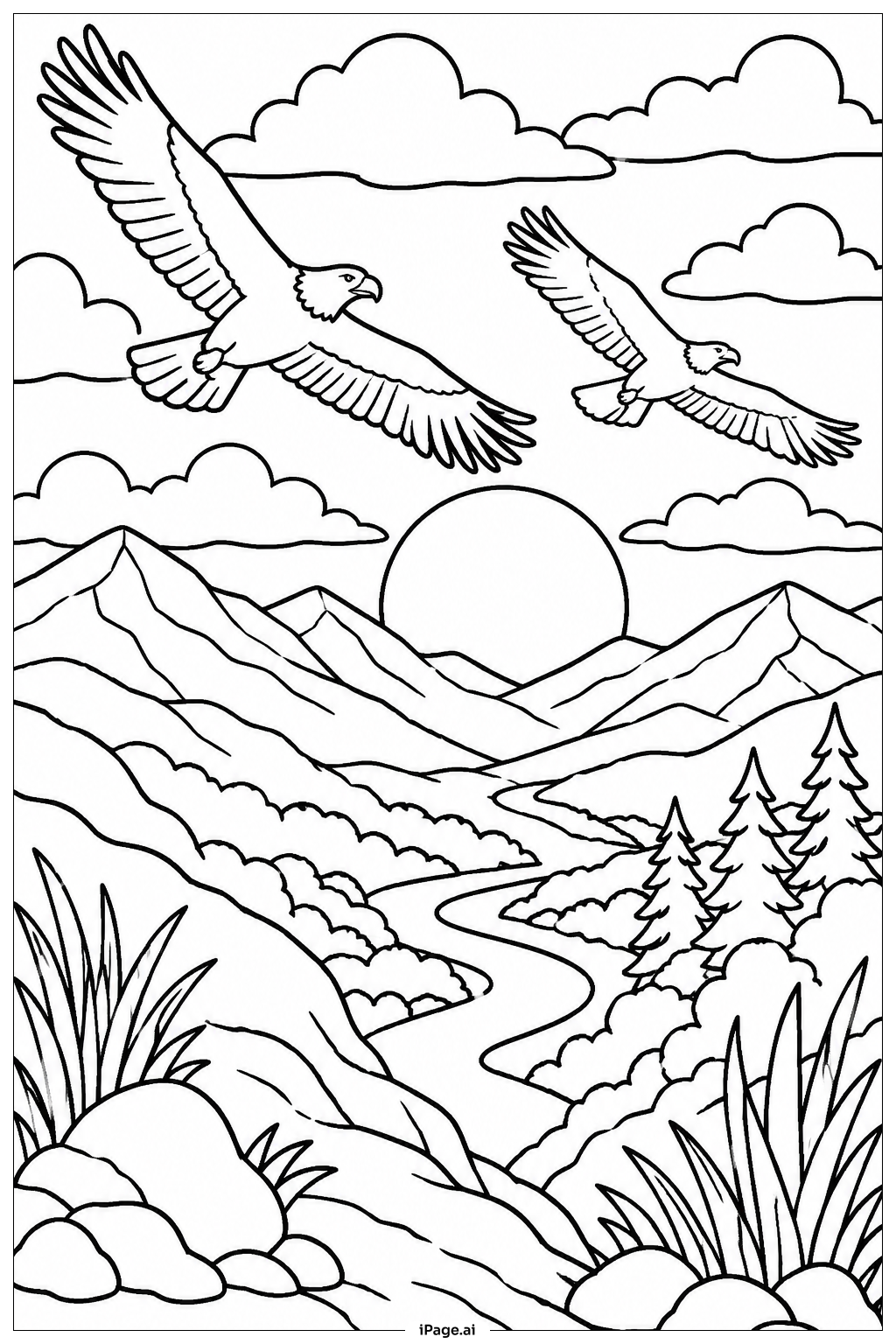 Eagle Sunrise Flight Coloring Page