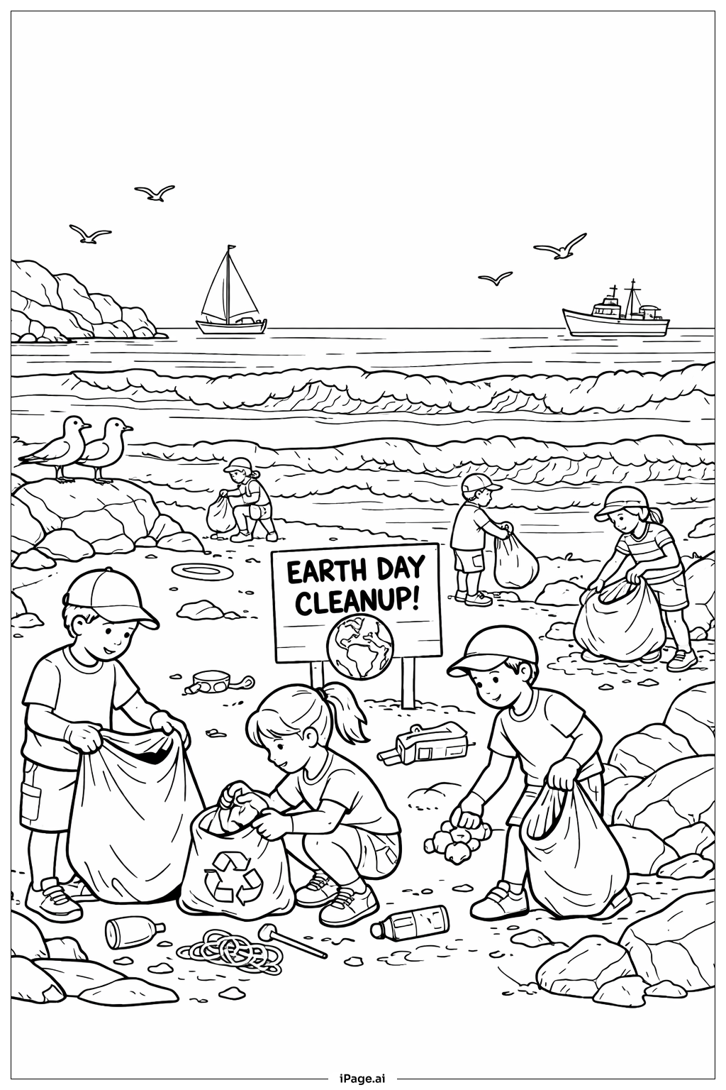  Página para colorear de Limpieza de Playa por el Día de la Tierra 