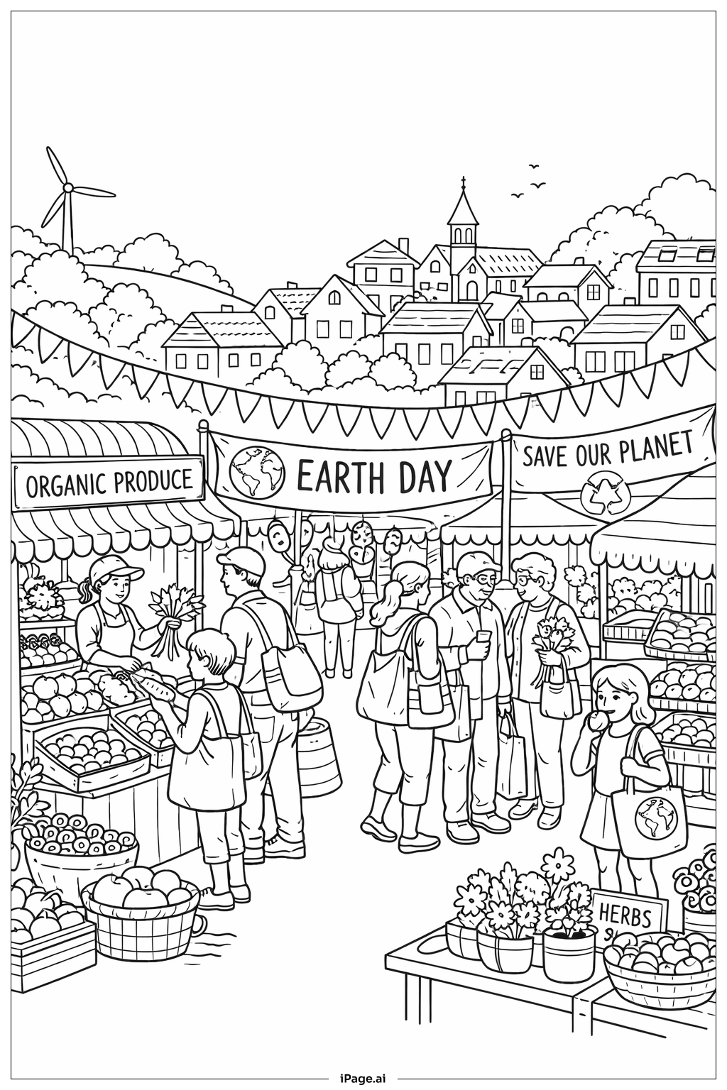  Página para colorear de Mercado de Agricultores del Día de la Tierra 