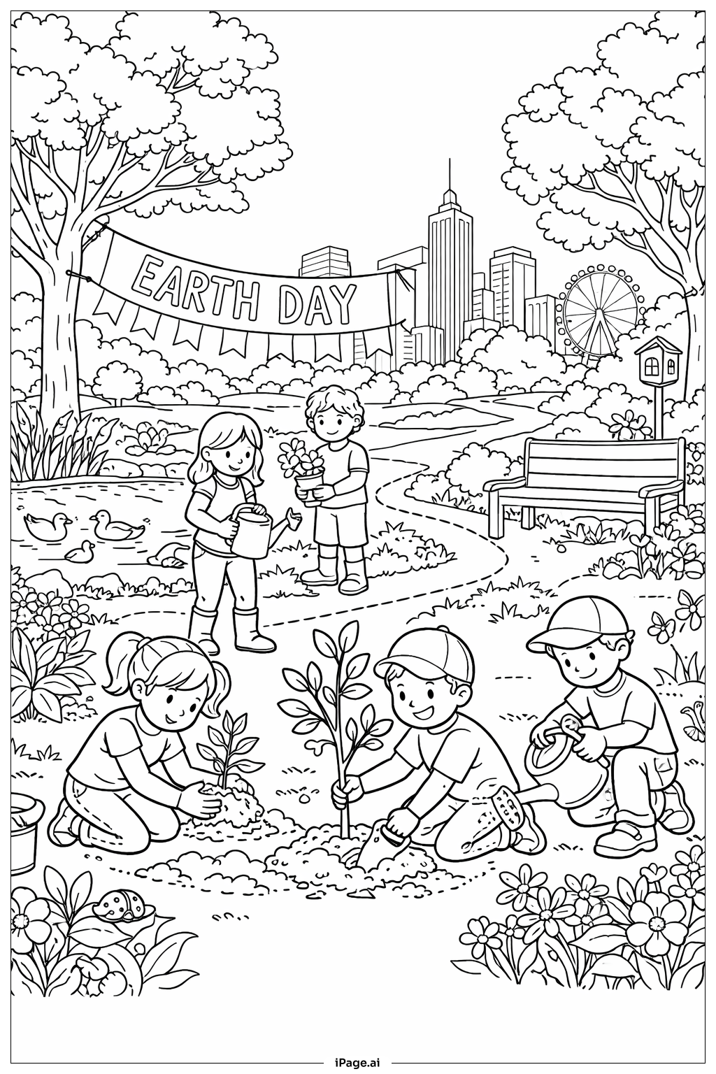  Página para colorear de Plantación de árboles urbanos en el Día de la Tierra 