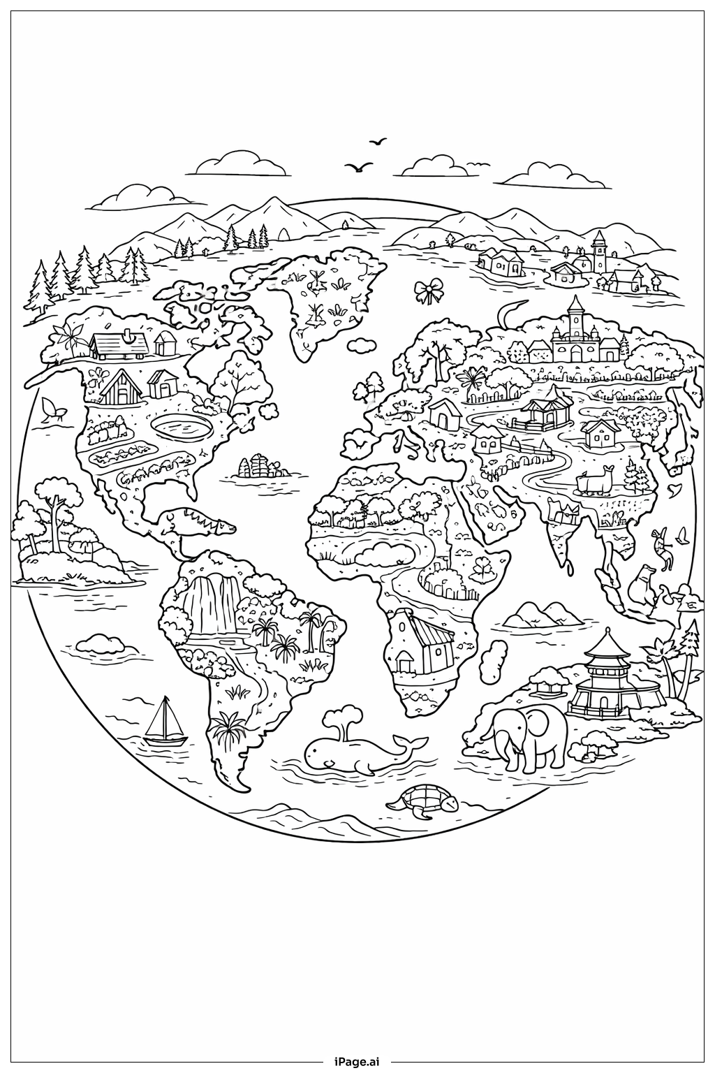  地球花园风景填色页 