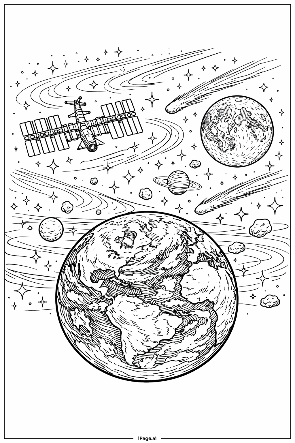  Earth In A Detailed Space Scene Coloring Page 