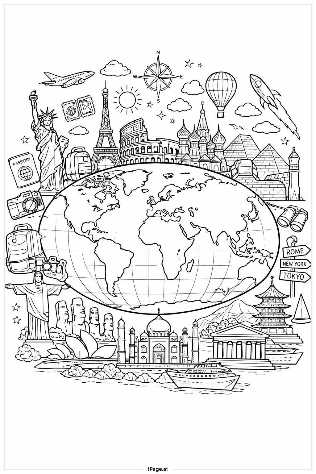  Earth Map With Landmarks Coloring Page 