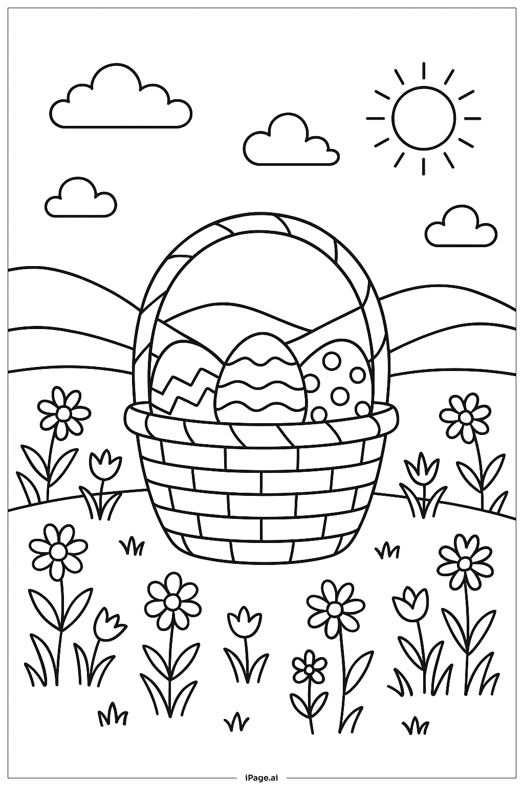  Easter Basket In Spring Meadow Scene Coloring Page 