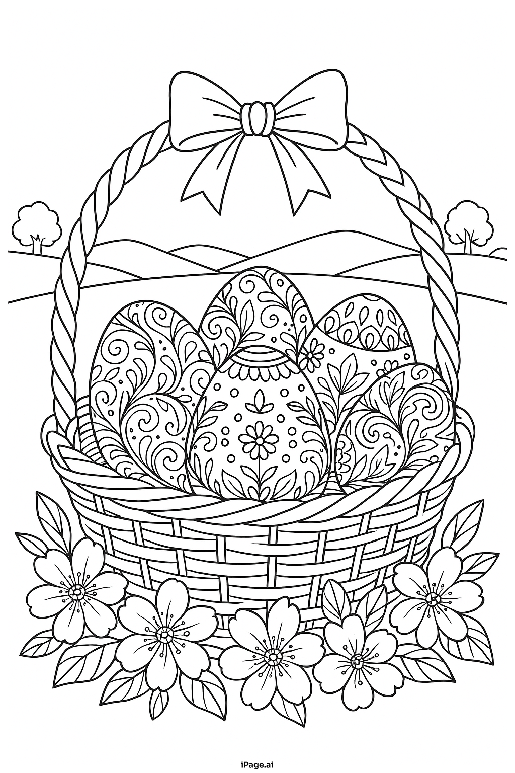  Easter Basket With Ornate Eggs And Flowers Coloring Page 