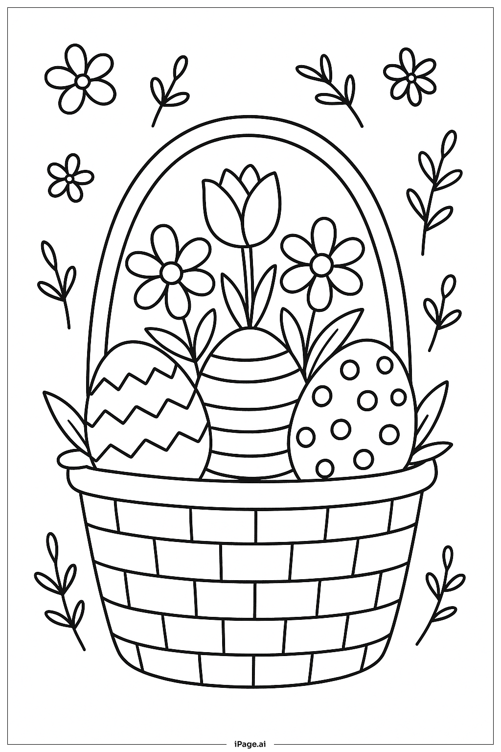  Easter Basket With Spring Flowers Coloring Page 