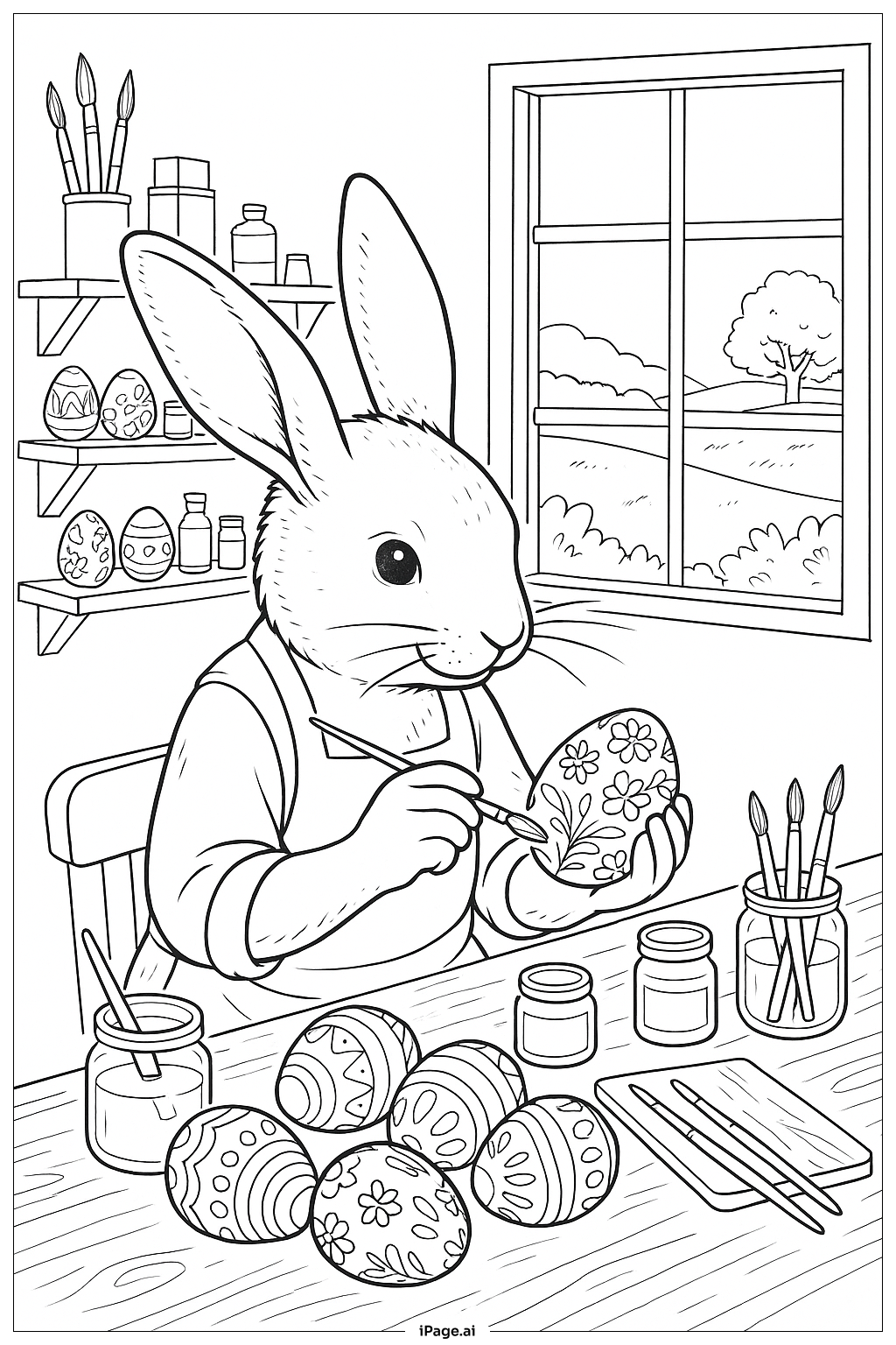  复活节兔子在艺术桌前填色页 