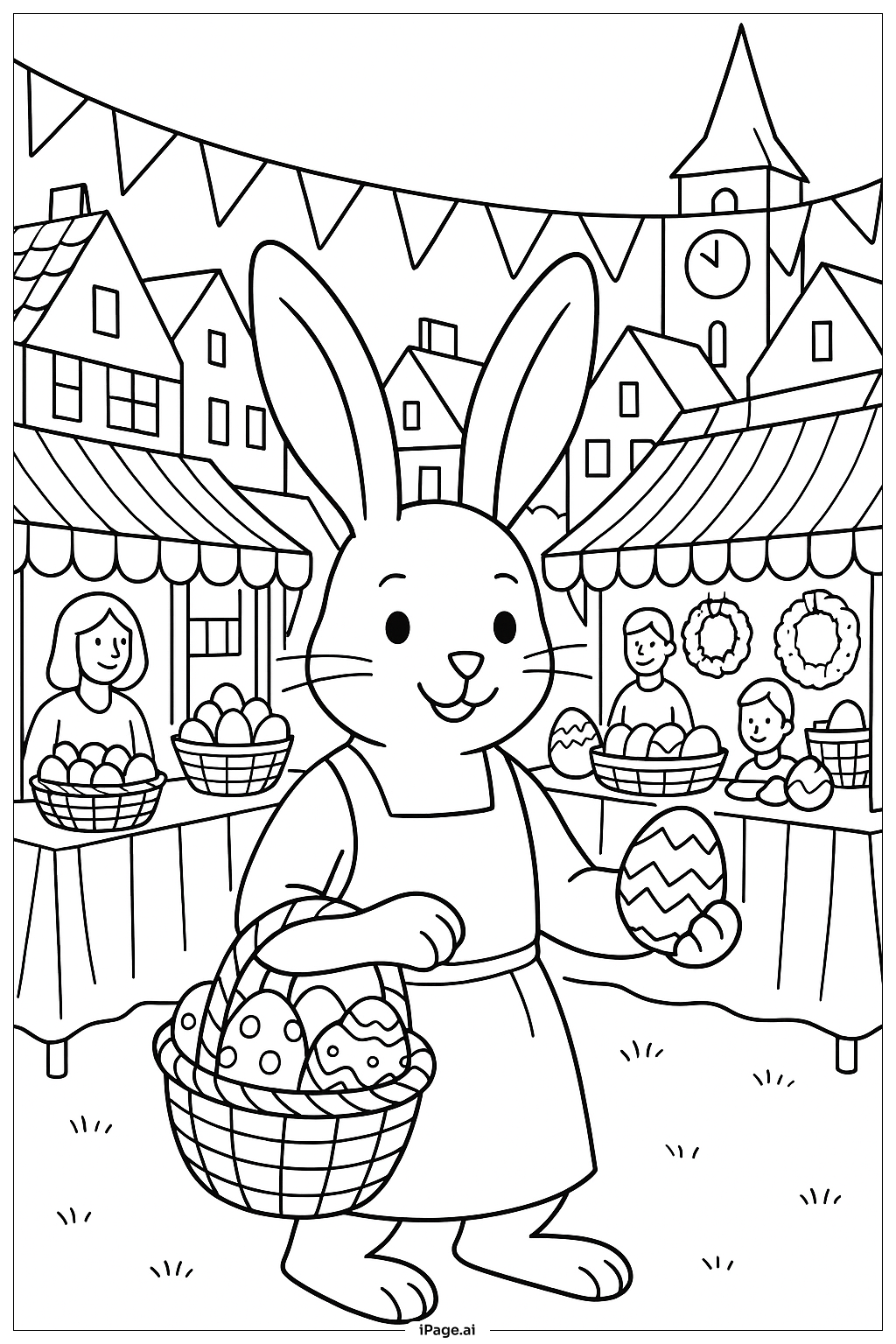 村庄市场上的复活节兔子填色页