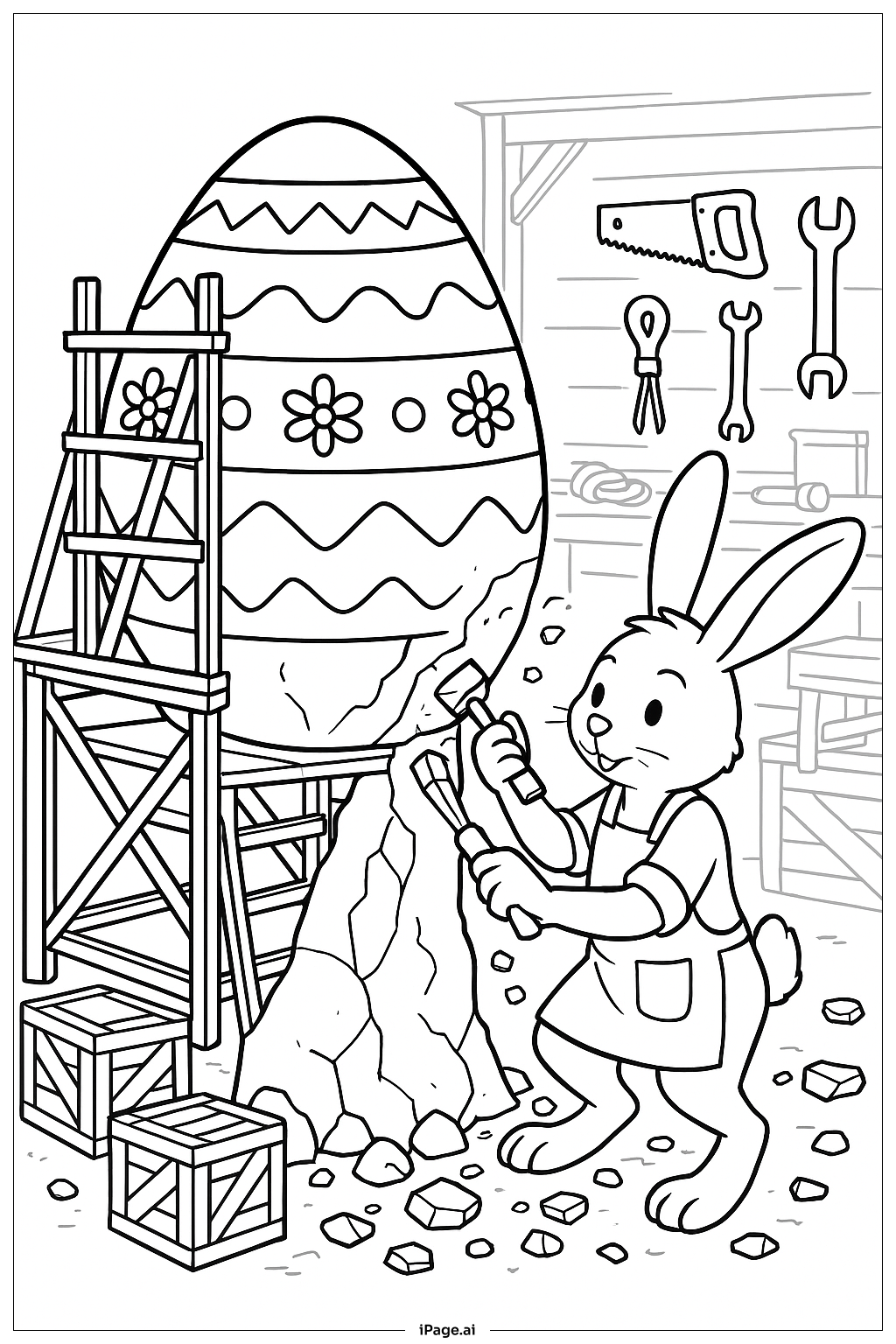 Página para colorear de Conejo de Pascua Construyendo Escultura de Huevo
